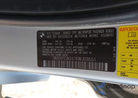 2008 BMW X3 3.0Si z USA, uszkodzony, nr VIN WBXPC93478WJ03551